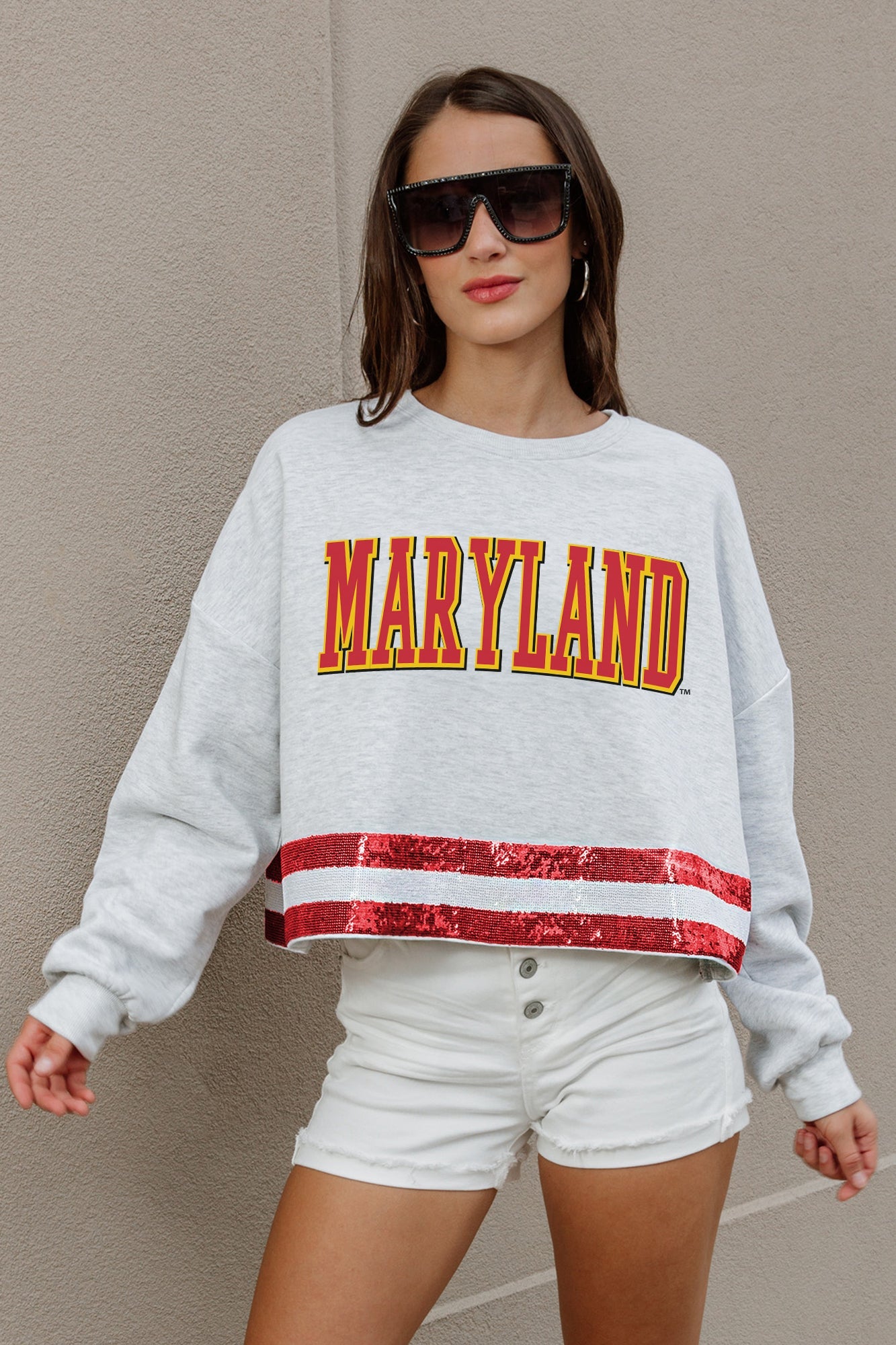 MARYLAND TERRAPINS PASS THE SHINE LONG SLEEVE METALLIC SHIMMER-STRIPE TOP WITH RIBBED NECKLINE AND CUFFS