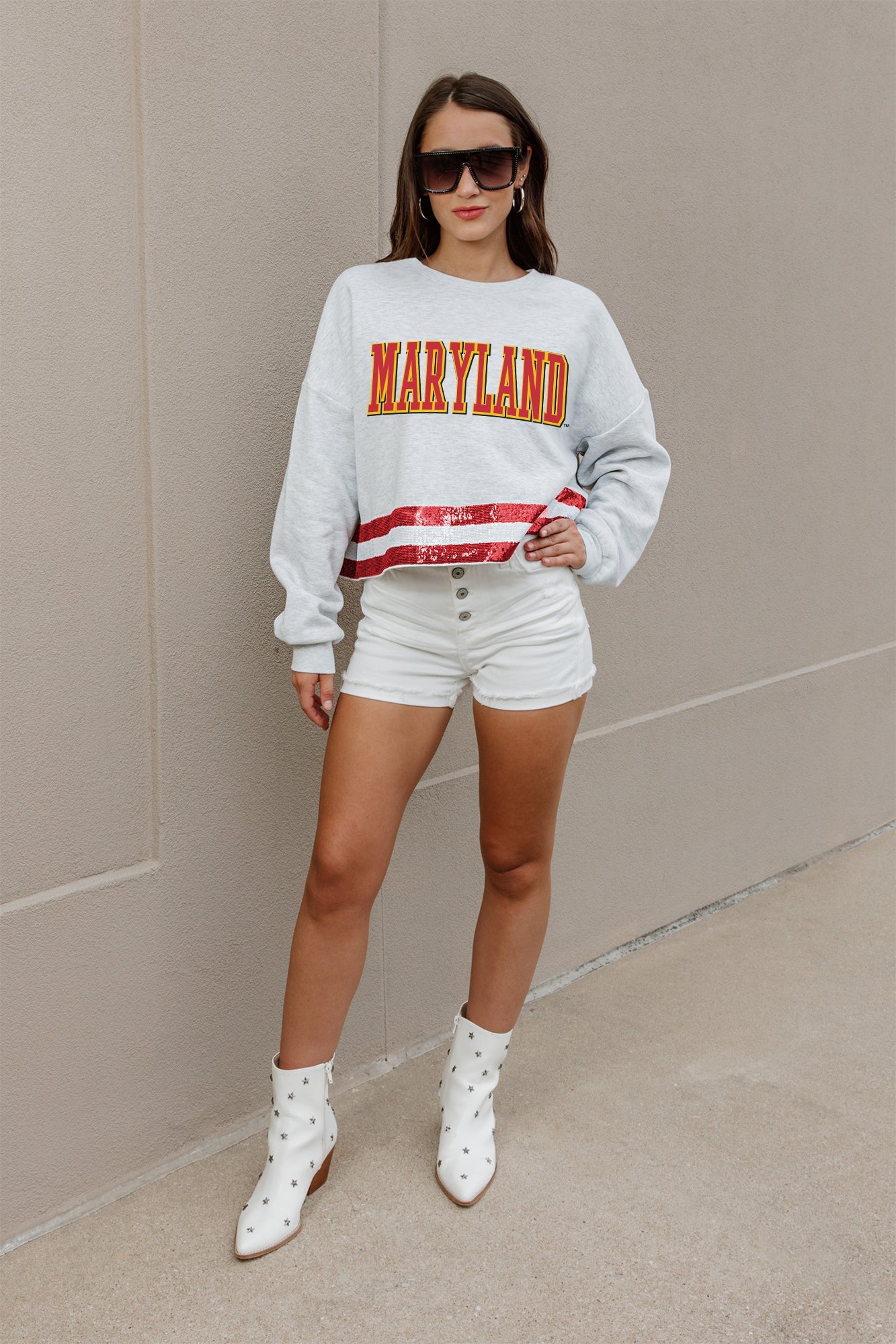 MARYLAND TERRAPINS PASS THE SHINE LONG SLEEVE METALLIC SHIMMER-STRIPE TOP WITH RIBBED NECKLINE AND CUFFS