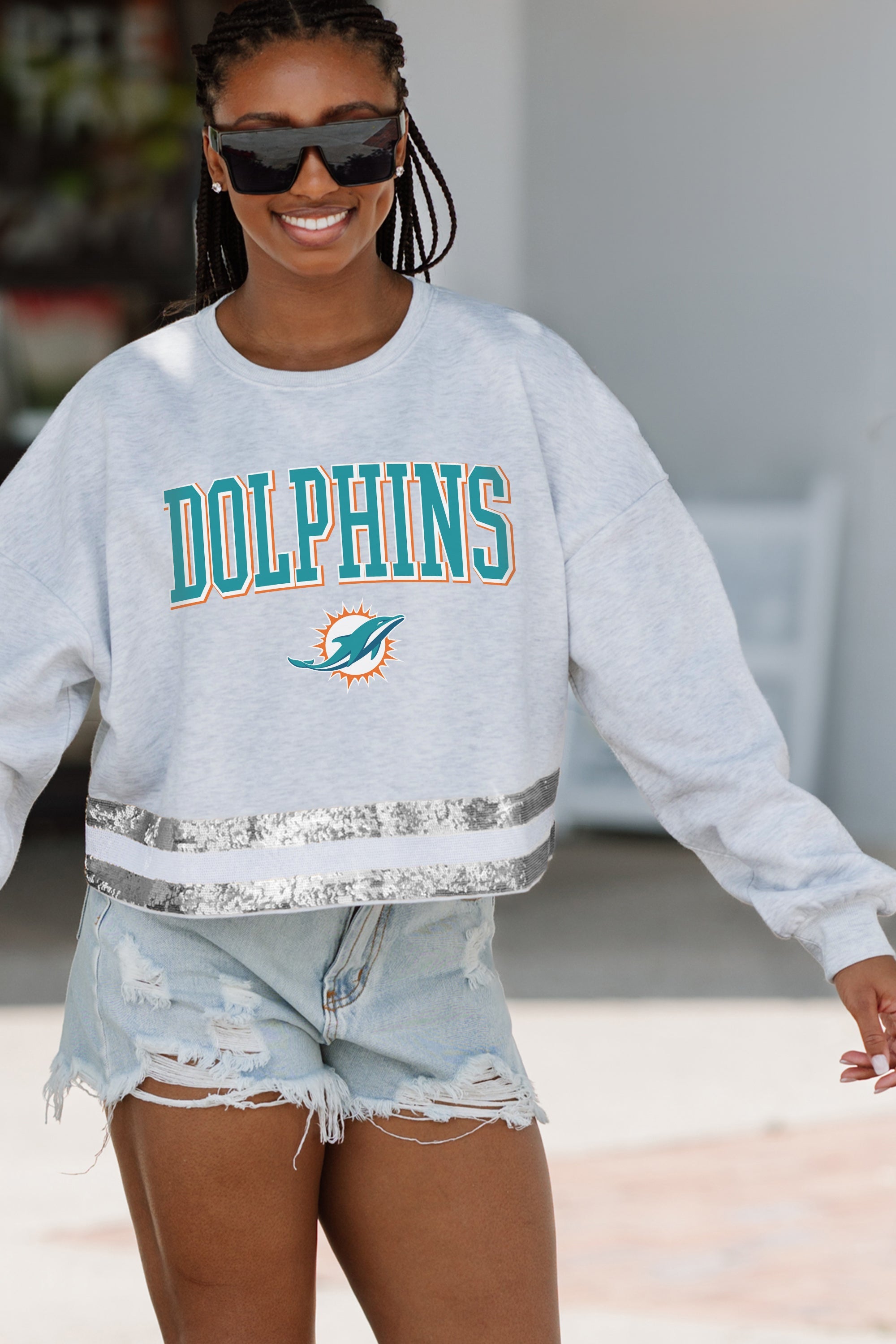 MIAMI DOLPHINS PASS THE SHINE LONG SLEEVE METALLIC SHIMMER-STRIPE TOP