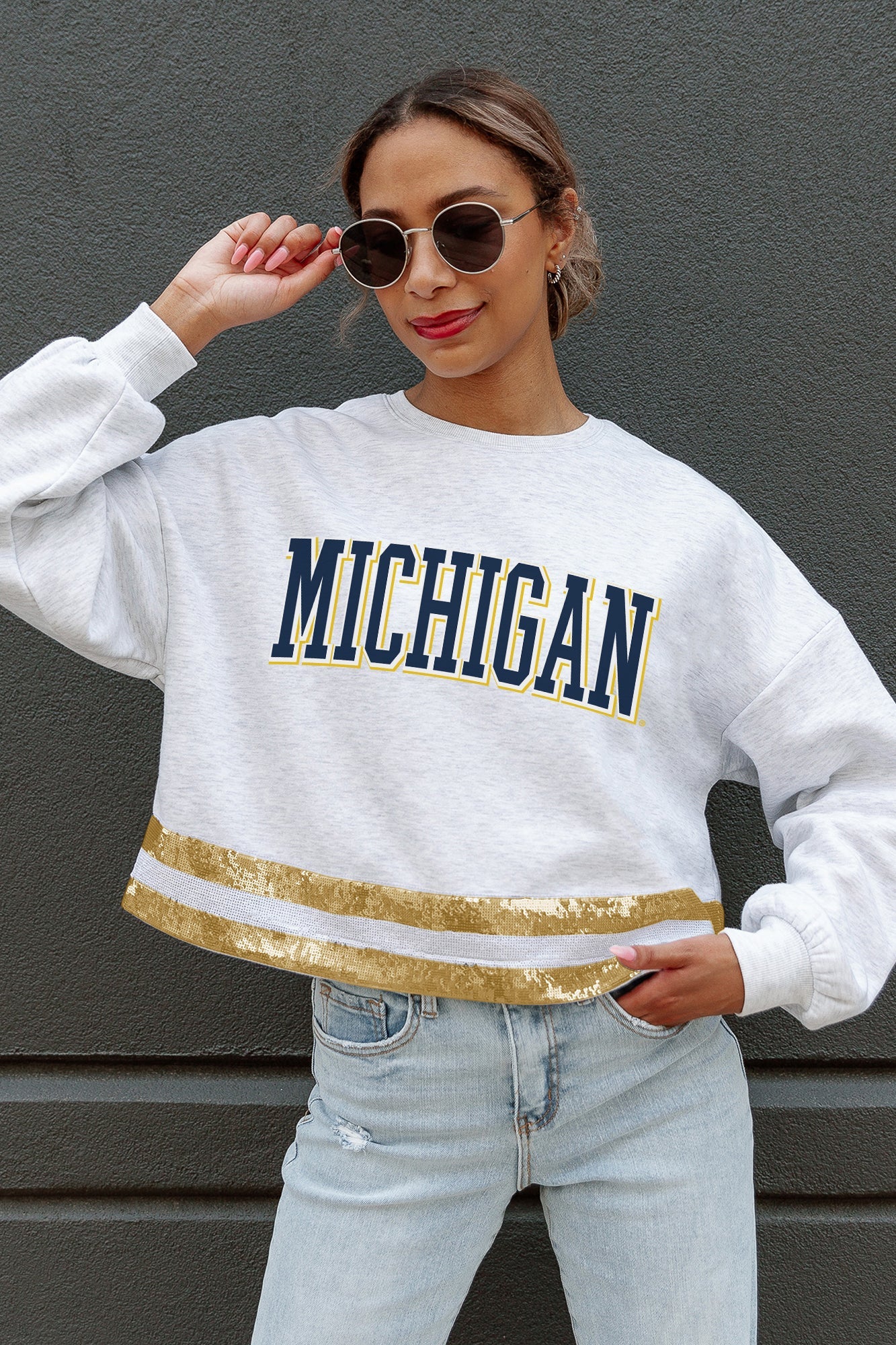 MICHIGAN WOLVERINES PASS THE SHINE LONG SLEEVE METALLIC SHIMMER-STRIPE TOP WITH RIBBED NECKLINE AND CUFFS