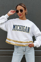 MICHIGAN WOLVERINES PASS THE SHINE LONG SLEEVE METALLIC SHIMMER-STRIPE TOP WITH RIBBED NECKLINE AND CUFFS