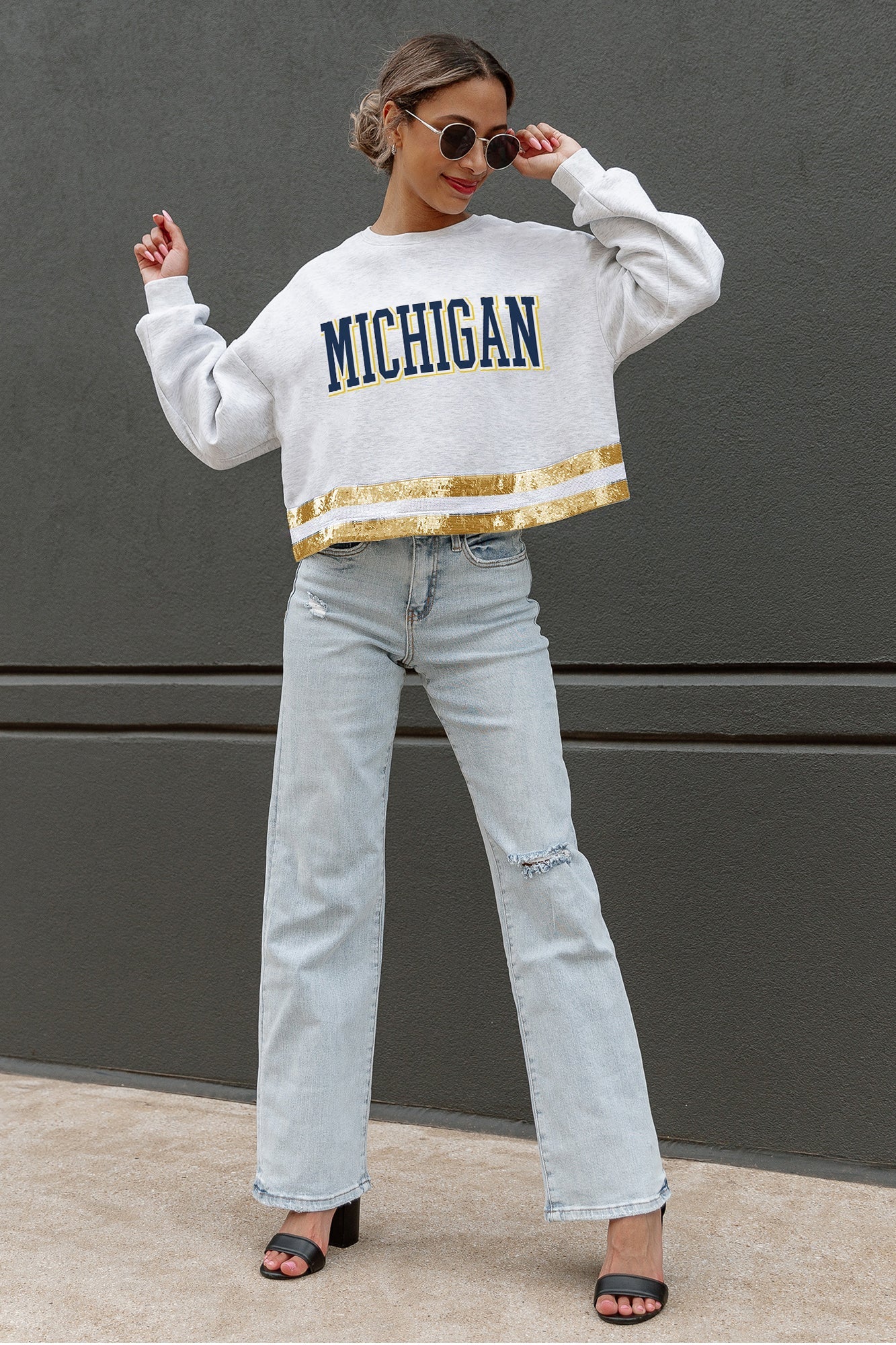 MICHIGAN WOLVERINES PASS THE SHINE LONG SLEEVE METALLIC SHIMMER-STRIPE TOP WITH RIBBED NECKLINE AND CUFFS