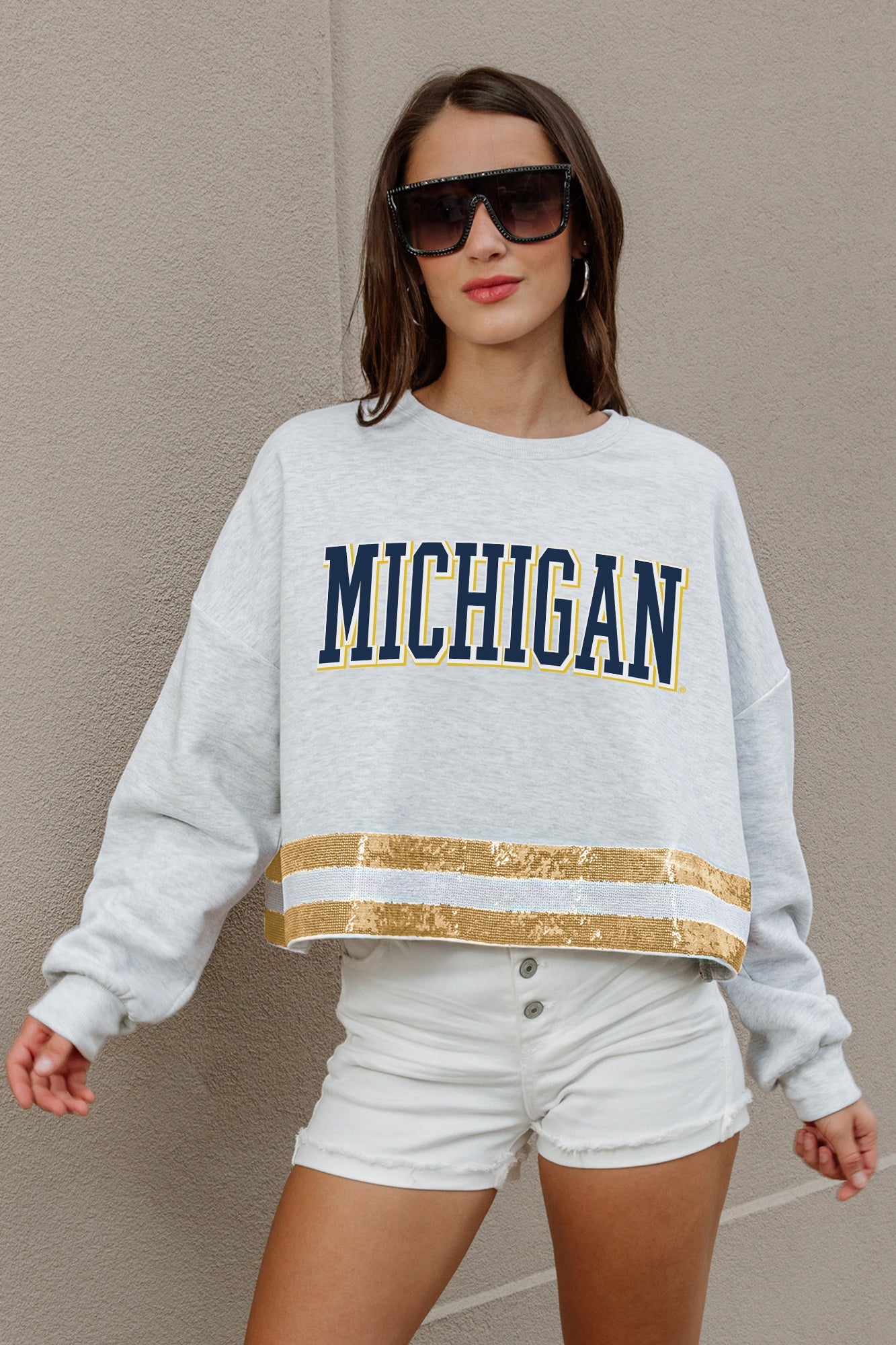 MICHIGAN WOLVERINES PASS THE SHINE LONG SLEEVE METALLIC SHIMMER-STRIPE TOP WITH RIBBED NECKLINE AND CUFFS