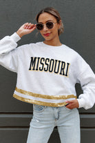 MISSOURI TIGERS PASS THE SHINE LONG SLEEVE METALLIC SHIMMER-STRIPE TOP WITH RIBBED NECKLINE AND CUFFS