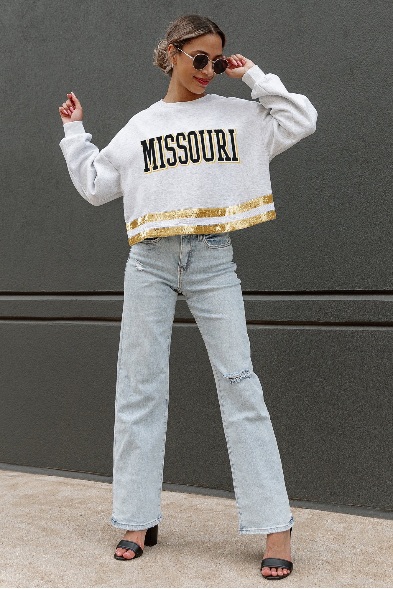 MISSOURI TIGERS PASS THE SHINE LONG SLEEVE METALLIC SHIMMER-STRIPE TOP WITH RIBBED NECKLINE AND CUFFS