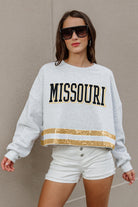 MISSOURI TIGERS PASS THE SHINE LONG SLEEVE METALLIC SHIMMER-STRIPE TOP WITH RIBBED NECKLINE AND CUFFS