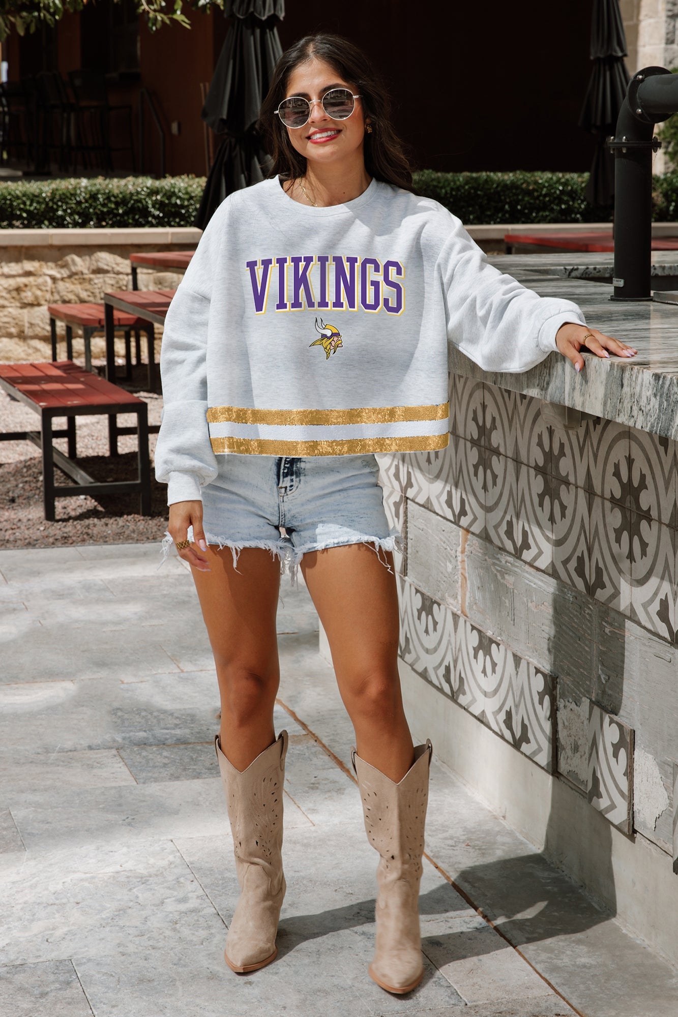 MINNESOTA VIKINGS PASS THE SHINE LONG SLEEVE METALLIC SHIMMER-STRIPE TOP