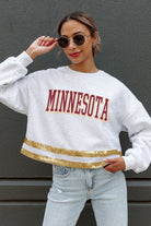 MINNESOTA GOLDEN GOPHERS PASS THE SHINE LONG SLEEVE METALLIC SHIMMER-STRIPE TOP WITH RIBBED NECKLINE AND CUFFS