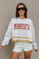 MINNESOTA GOLDEN GOPHERS PASS THE SHINE LONG SLEEVE METALLIC SHIMMER-STRIPE TOP WITH RIBBED NECKLINE AND CUFFS