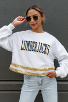 NORTHERN ARIZONA LUMBERJACKS PASS THE SHINE LONG SLEEVE METALLIC SHIMMER-STRIPE TOP WITH RIBBED NECKLINE AND CUFFS