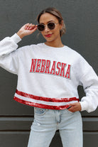 NEBRASKA CORNHUSKERS PASS THE SHINE LONG SLEEVE METALLIC SHIMMER-STRIPE TOP WITH RIBBED NECKLINE AND CUFFS