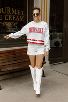 NEBRASKA CORNHUSKERS PASS THE SHINE LONG SLEEVE METALLIC SHIMMER-STRIPE TOP WITH RIBBED NECKLINE AND CUFFS