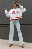 NEBRASKA CORNHUSKERS PASS THE SHINE LONG SLEEVE METALLIC SHIMMER-STRIPE TOP WITH RIBBED NECKLINE AND CUFFS