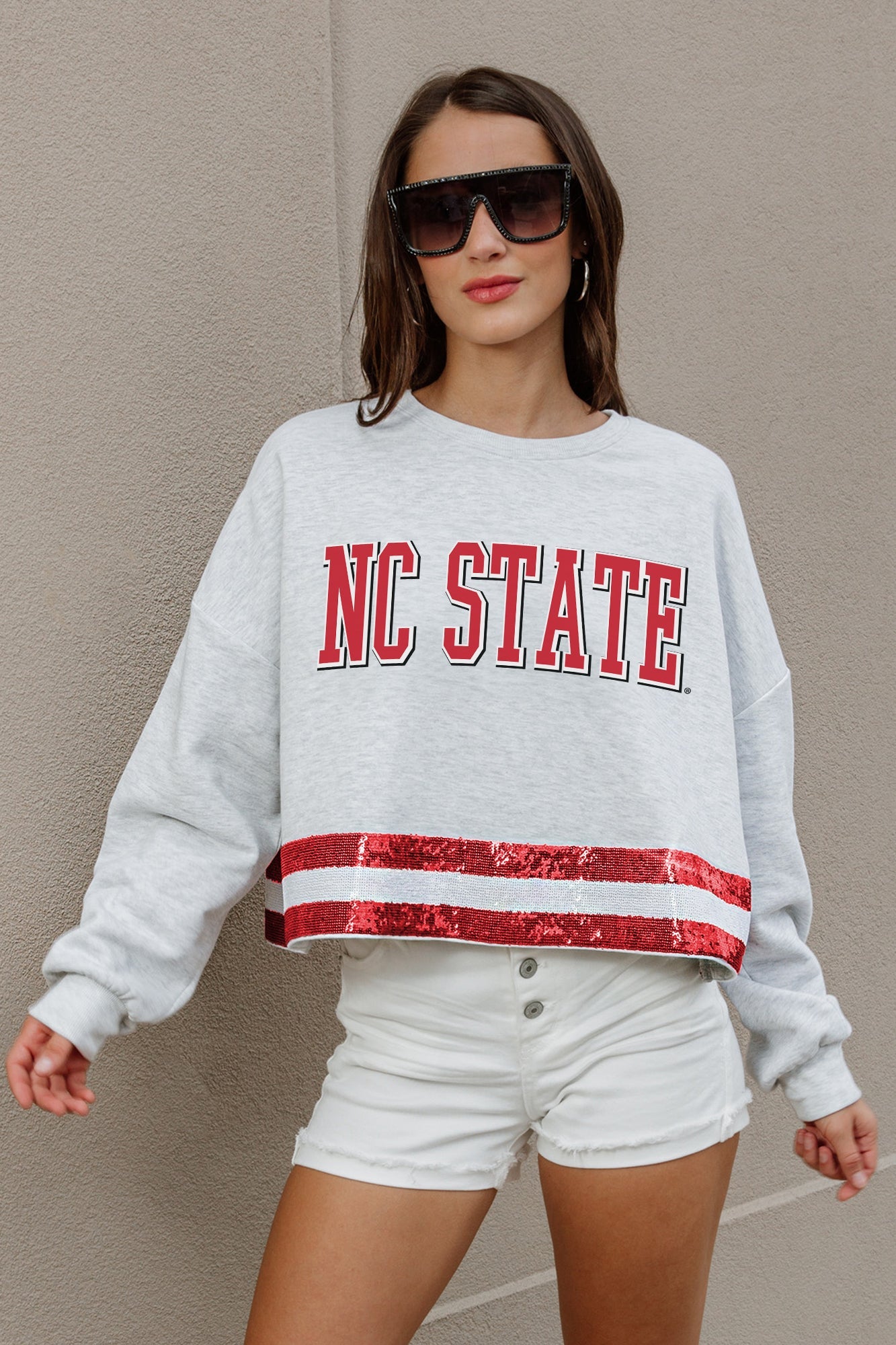 NORTH CAROLINA STATE WOLFPACK PASS THE SHINE LONG SLEEVE METALLIC SHIMMER-STRIPE TOP WITH RIBBED NECKLINE AND CUFFS