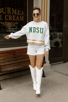 NORTH DAKOTA STATE BISON PASS THE SHINE LONG SLEEVE METALLIC SHIMMER-STRIPE TOP WITH RIBBED NECKLINE AND CUFFS