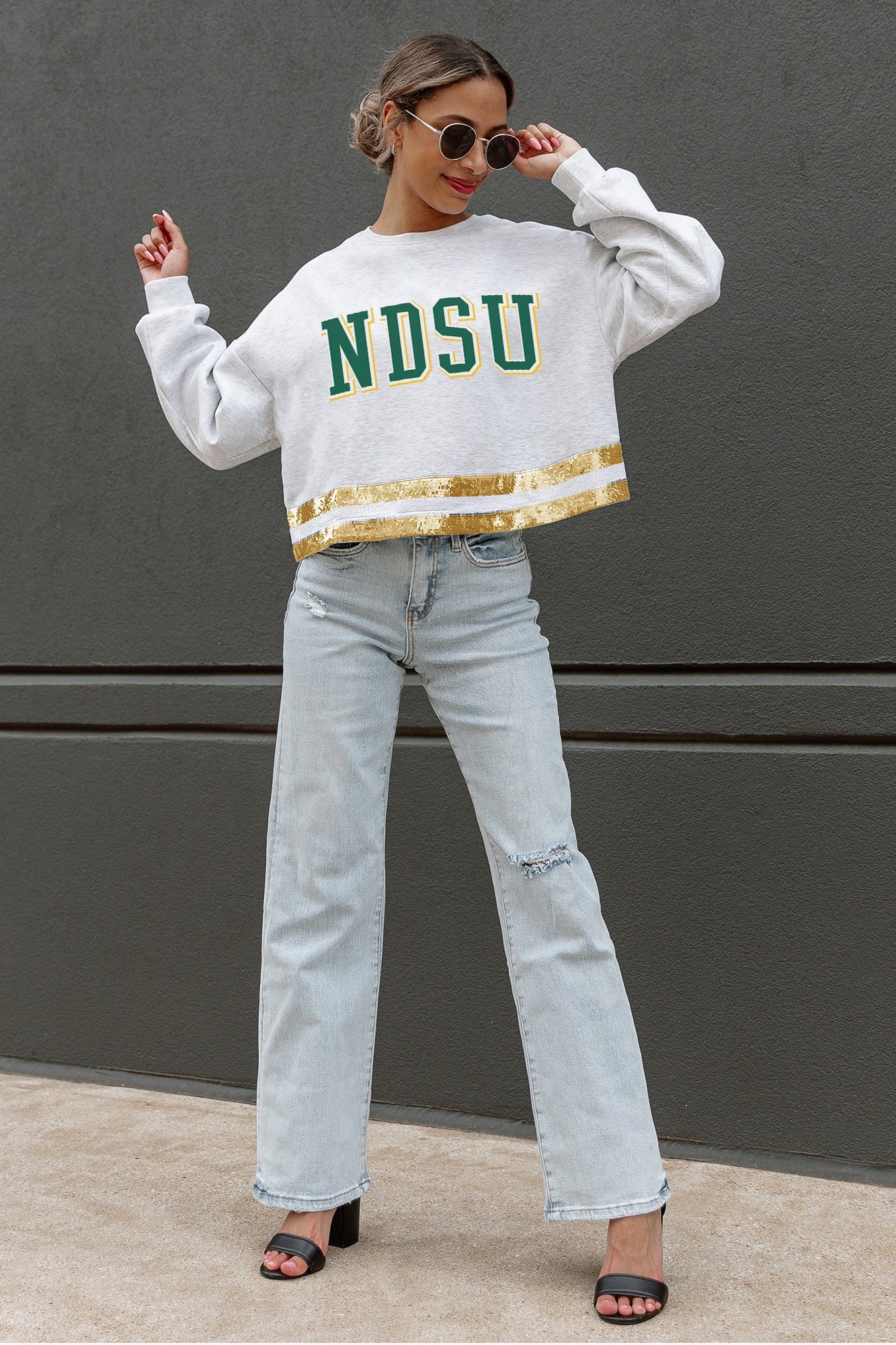 NORTH DAKOTA STATE BISON PASS THE SHINE LONG SLEEVE METALLIC SHIMMER-STRIPE TOP WITH RIBBED NECKLINE AND CUFFS