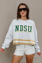 NORTH DAKOTA STATE BISON PASS THE SHINE LONG SLEEVE METALLIC SHIMMER-STRIPE TOP WITH RIBBED NECKLINE AND CUFFS