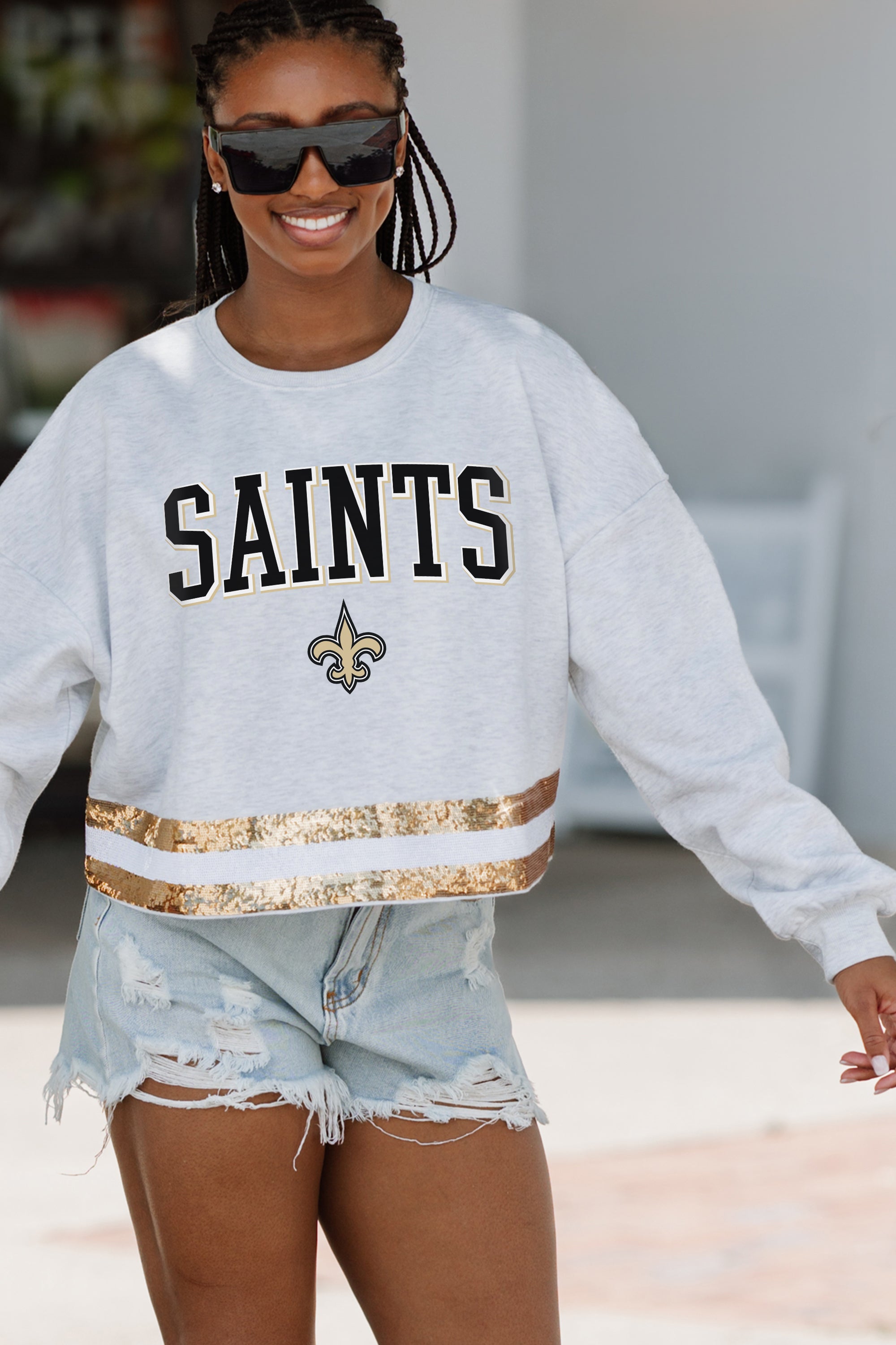 NEW ORLEANS SAINTS PASS THE SHINE LONG SLEEVE METALLIC SHIMMER-STRIPE TOP