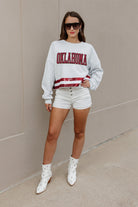 OKLAHOMA SOONERS PASS THE SHINE LONG SLEEVE METALLIC SHIMMER-STRIPE TOP WITH RIBBED NECKLINE AND CUFFS