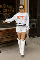 OKLAHOMA STATE COWBOYS PASS THE SHINE LONG SLEEVE METALLIC SHIMMER-STRIPE TOP WITH RIBBED NECKLINE AND CUFFS