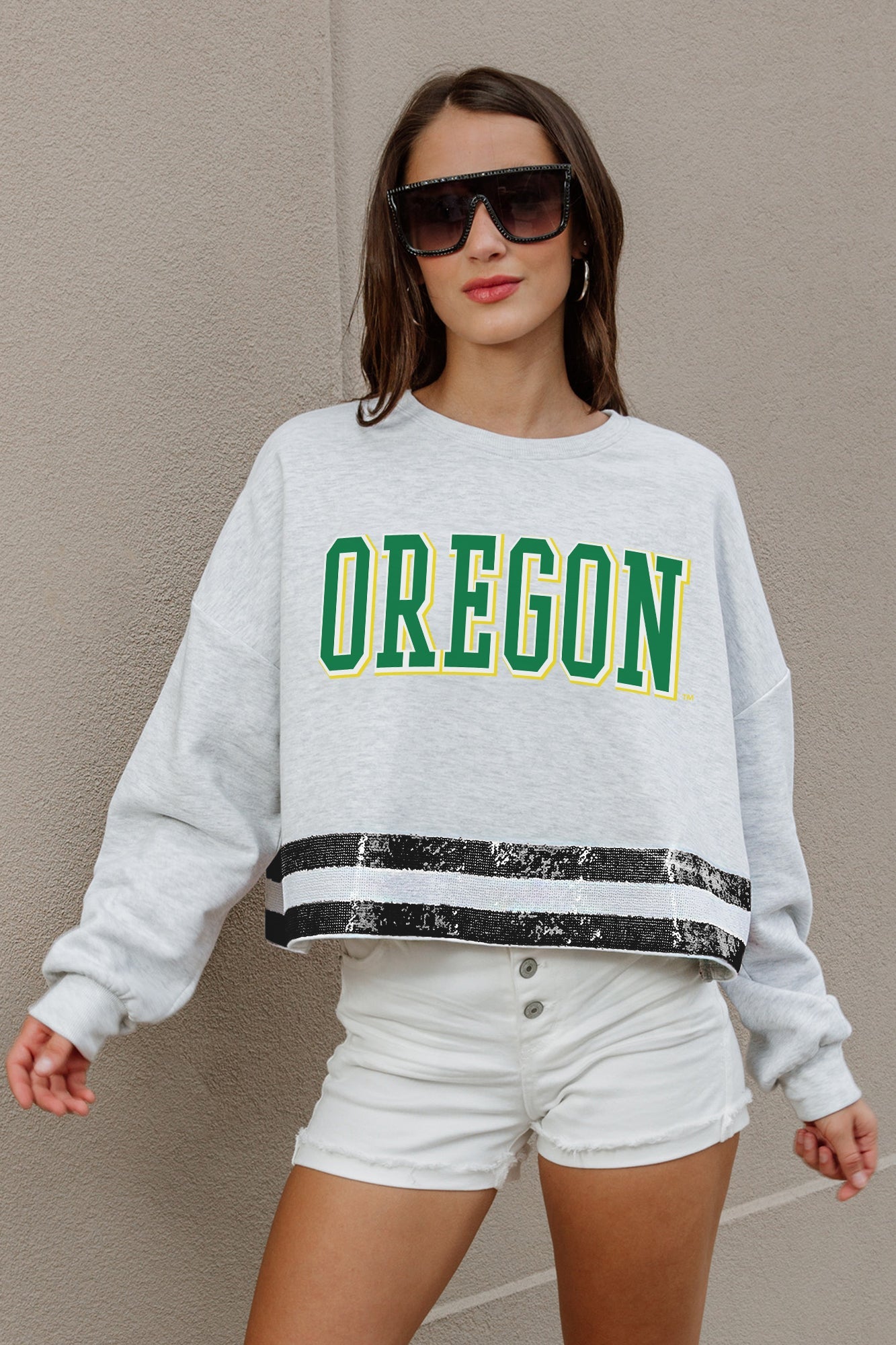 OREGON DUCKS PASS THE SHINE LONG SLEEVE METALLIC SHIMMER-STRIPE TOP WITH RIBBED NECKLINE AND CUFFS