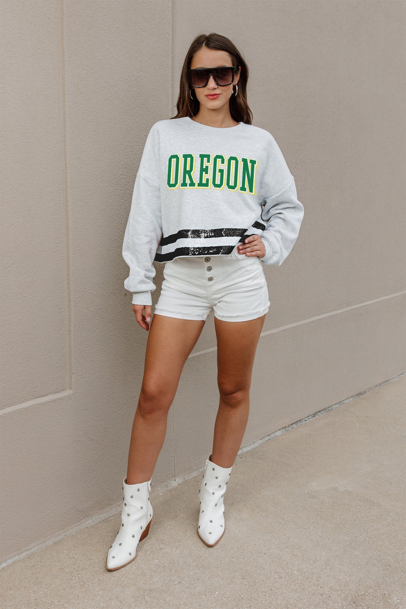 OREGON DUCKS PASS THE SHINE LONG SLEEVE METALLIC SHIMMER-STRIPE TOP WITH RIBBED NECKLINE AND CUFFS