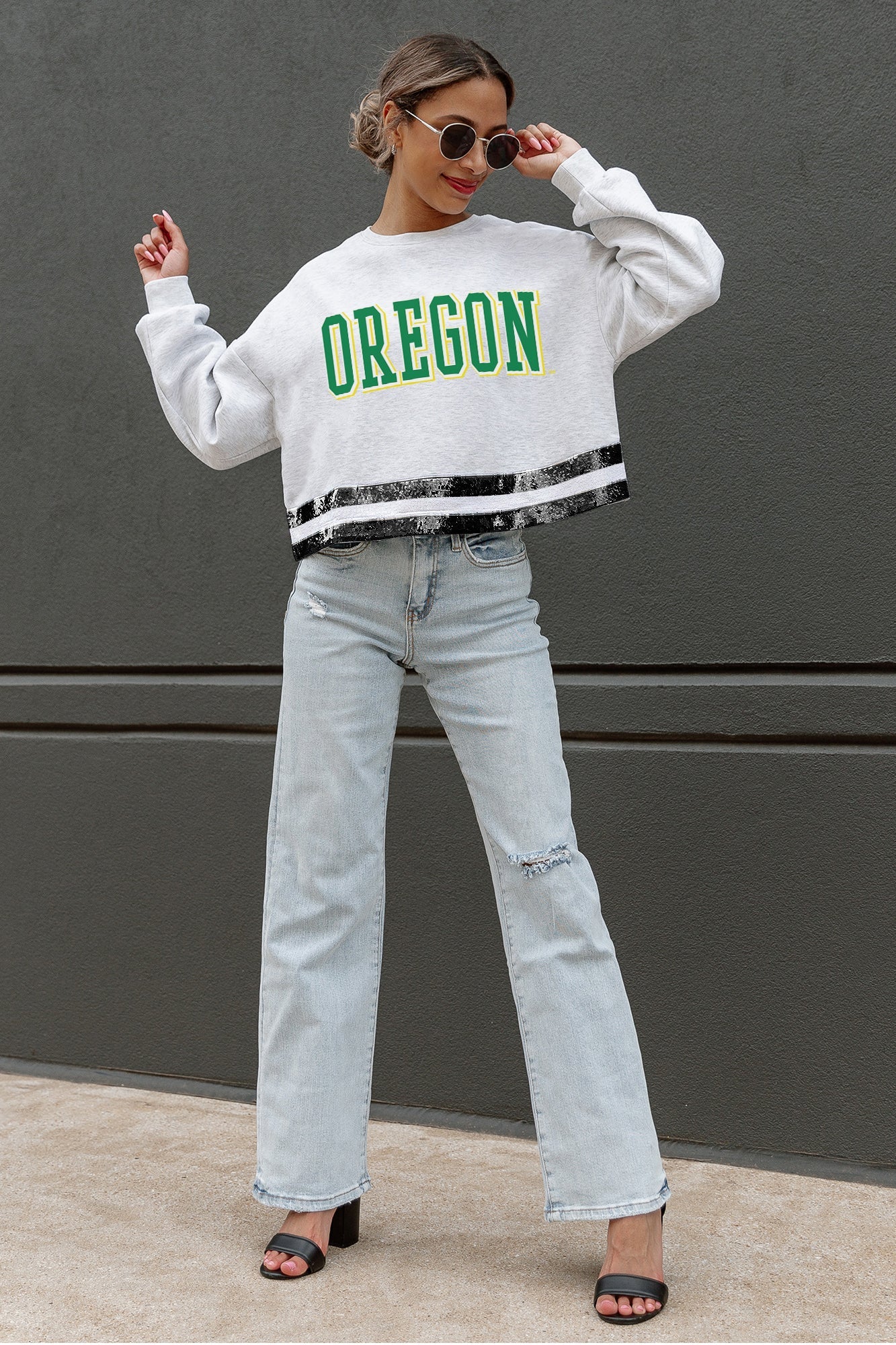 OREGON DUCKS PASS THE SHINE LONG SLEEVE METALLIC SHIMMER-STRIPE TOP WITH RIBBED NECKLINE AND CUFFS