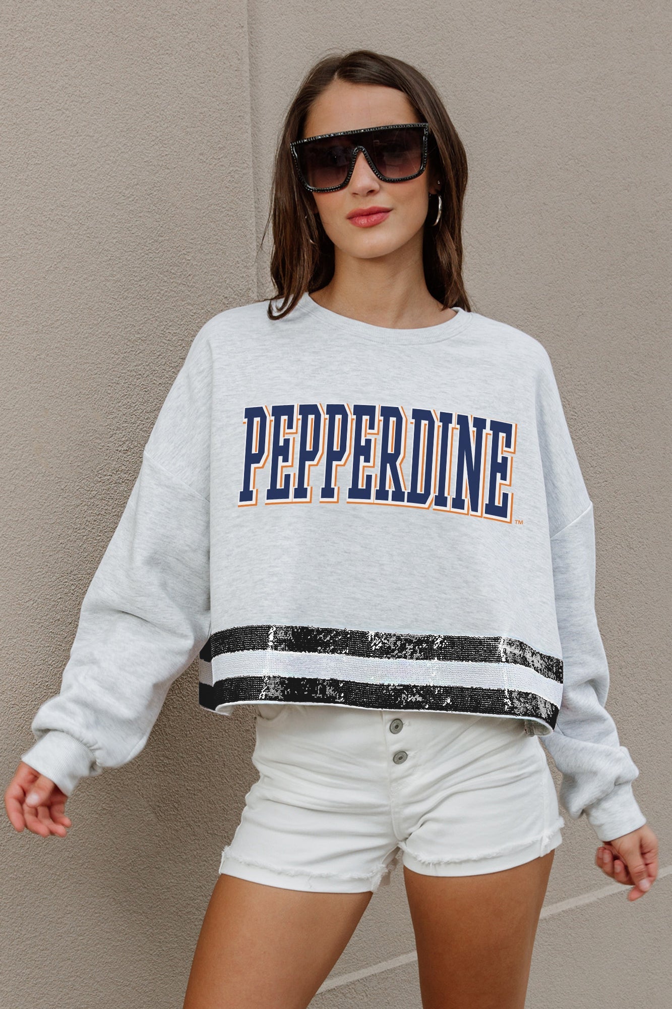 PEPPERDINE WAVES PASS THE SHINE LONG SLEEVE METALLIC SHIMMER-STRIPE TOP WITH RIBBED NECKLINE AND CUFFS