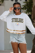 PITTSBURGH STEELERS PASS THE SHINE LONG SLEEVE METALLIC SHIMMER-STRIPE TOP