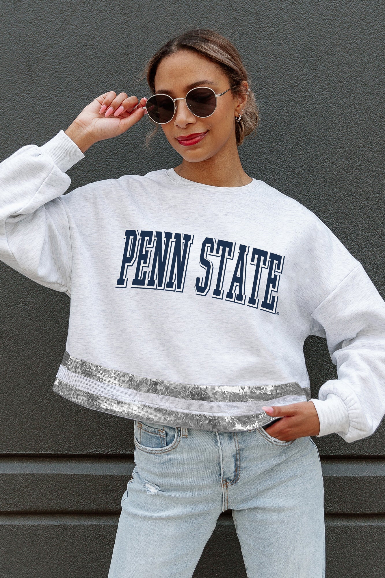 PENN STATE NITTANY LIONS PASS THE SHINE LONG SLEEVE METALLIC SHIMMER-STRIPE TOP WITH RIBBED NECKLINE AND CUFFS