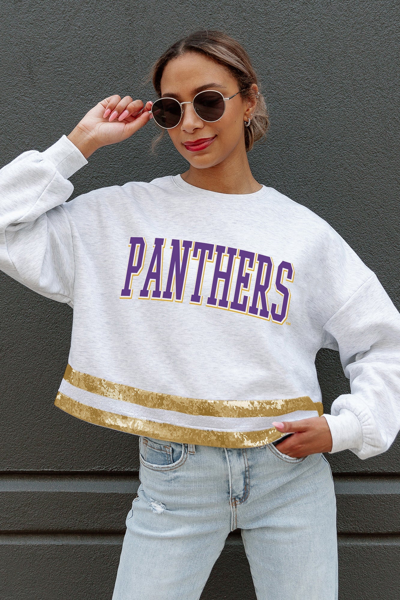 PRAIRIE VIEW A&M PANTHERS PASS THE SHINE LONG SLEEVE METALLIC SHIMMER-STRIPE TOP WITH RIBBED NECKLINE AND CUFFS