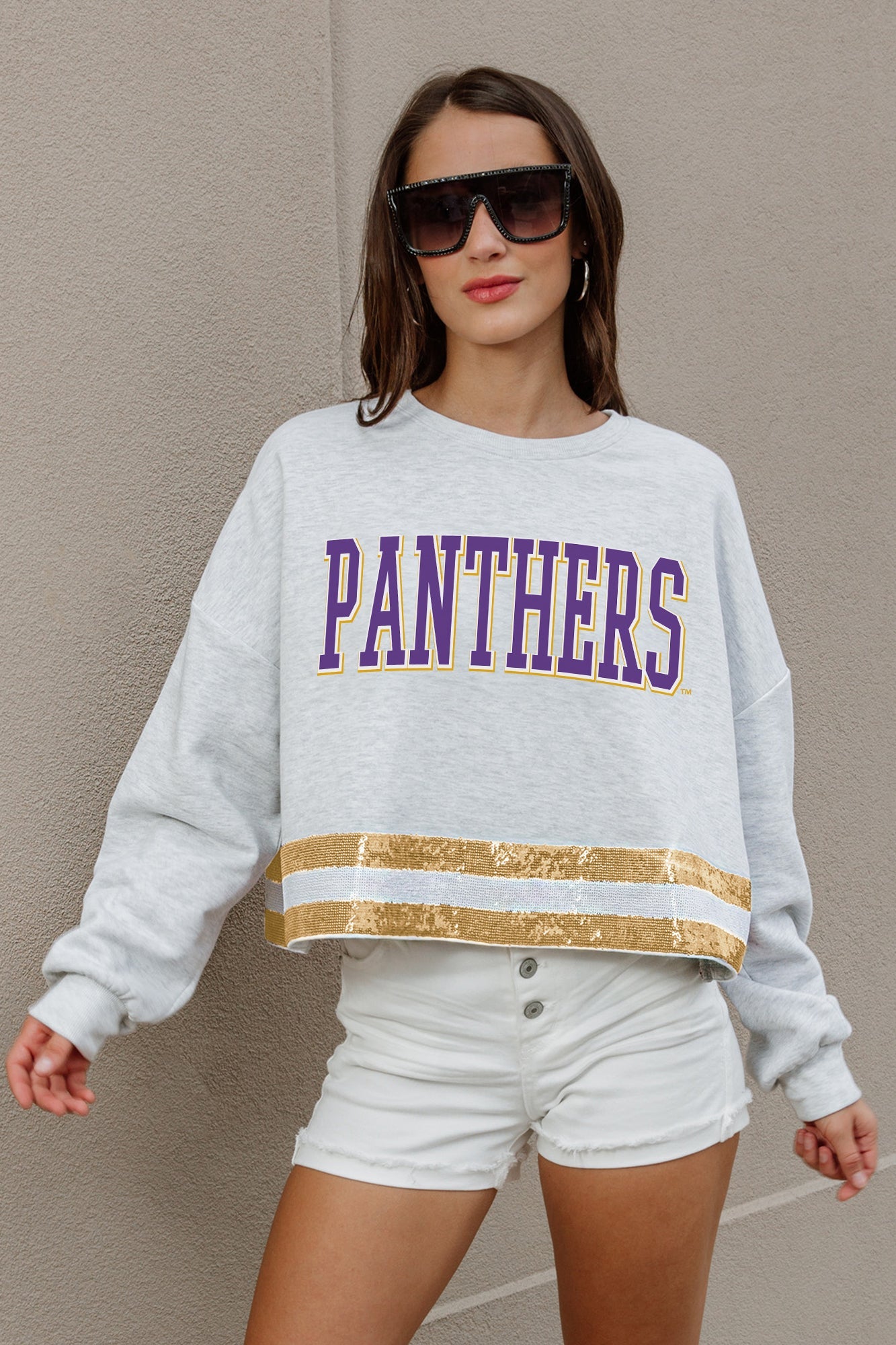 PRAIRIE VIEW A&M PANTHERS PASS THE SHINE LONG SLEEVE METALLIC SHIMMER-STRIPE TOP WITH RIBBED NECKLINE AND CUFFS