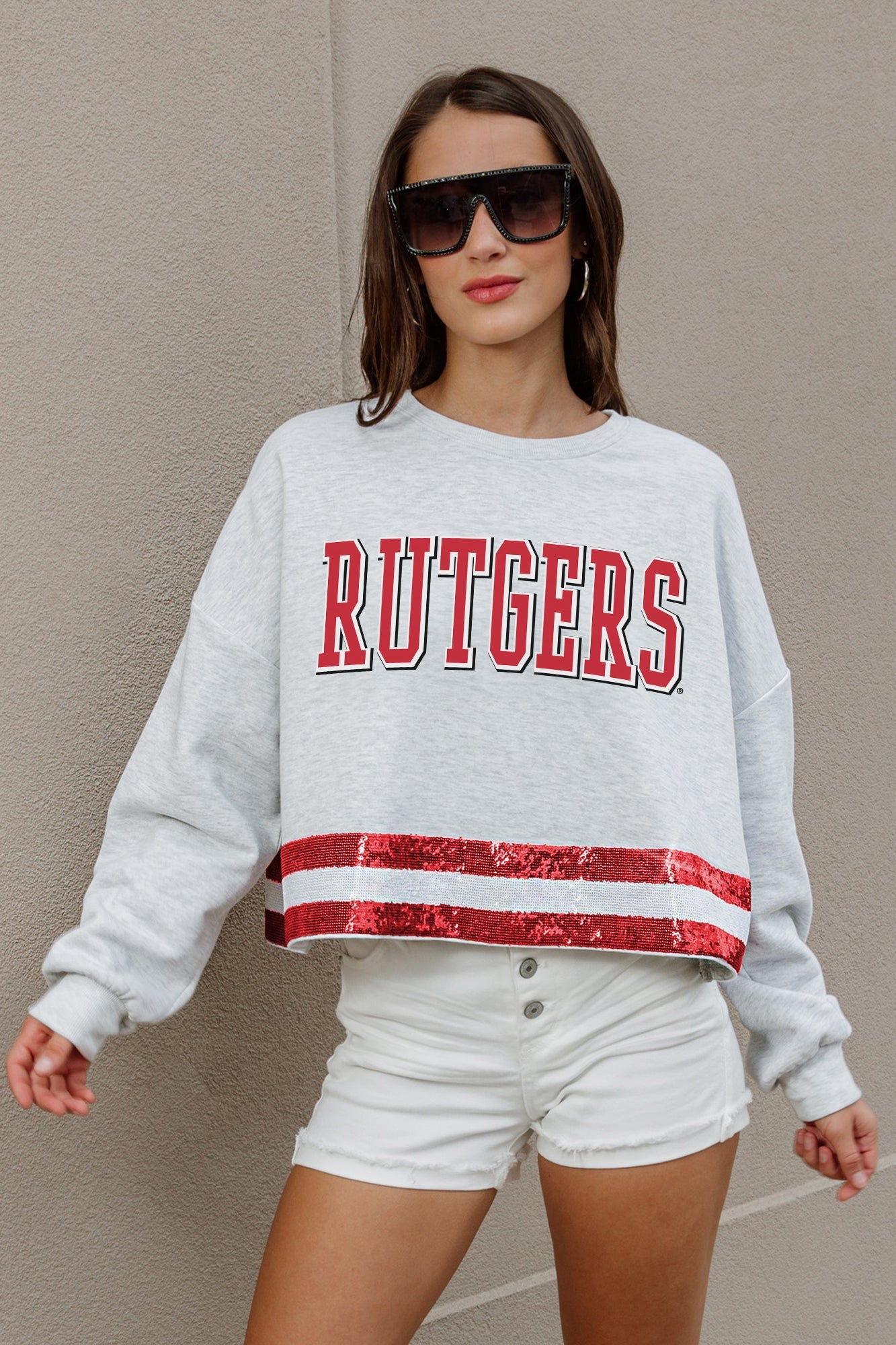 RUTGERS SCARLET KNIGHTS PASS THE SHINE LONG SLEEVE METALLIC SHIMMER-STRIPE TOP WITH RIBBED NECKLINE AND CUFFS