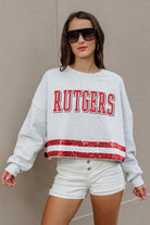 RUTGERS SCARLET KNIGHTS PASS THE SHINE LONG SLEEVE METALLIC SHIMMER-STRIPE TOP WITH RIBBED NECKLINE AND CUFFS