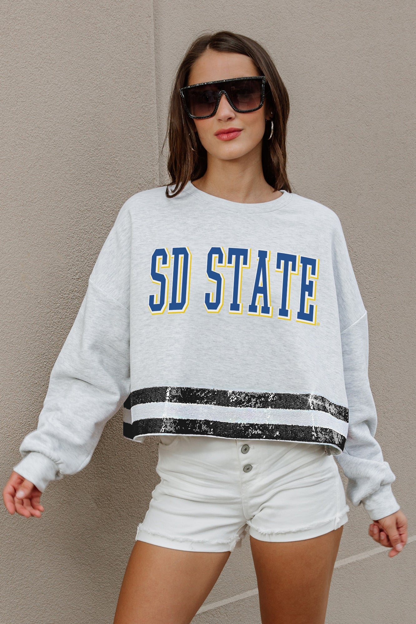 SOUTH DAKOTA STATE JACKRABBITS PASS THE SHINE LONG SLEEVE METALLIC SHIMMER-STRIPE TOP WITH RIBBED NECKLINE AND CUFFS