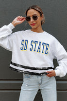 SOUTH DAKOTA STATE JACKRABBITS PASS THE SHINE LONG SLEEVE METALLIC SHIMMER-STRIPE TOP WITH RIBBED NECKLINE AND CUFFS