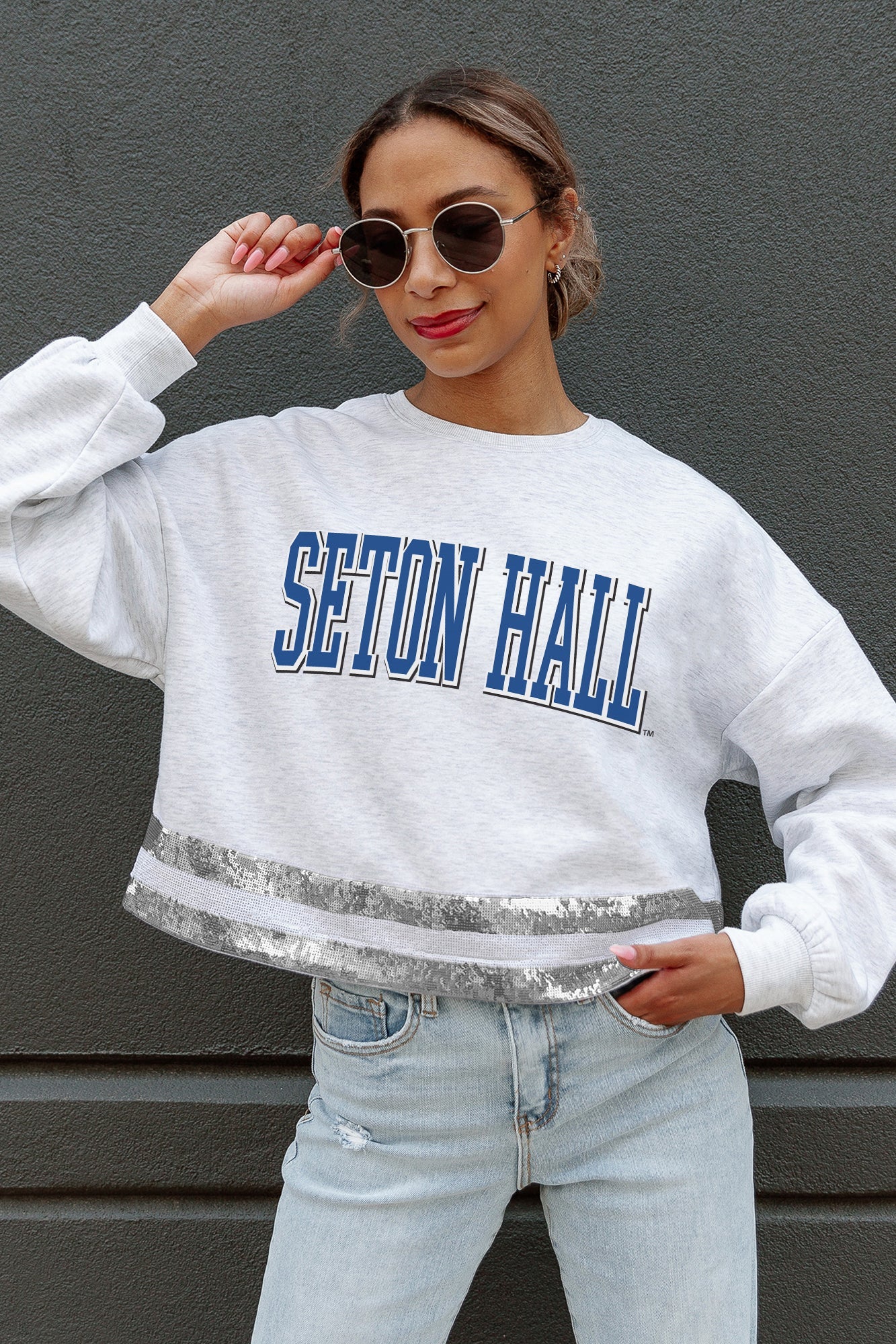 SETON HALL PIRATES PASS THE SHINE LONG SLEEVE METALLIC SHIMMER-STRIPE TOP WITH RIBBED NECKLINE AND CUFFS