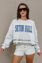 SETON HALL PIRATES PASS THE SHINE LONG SLEEVE METALLIC SHIMMER-STRIPE TOP WITH RIBBED NECKLINE AND CUFFS