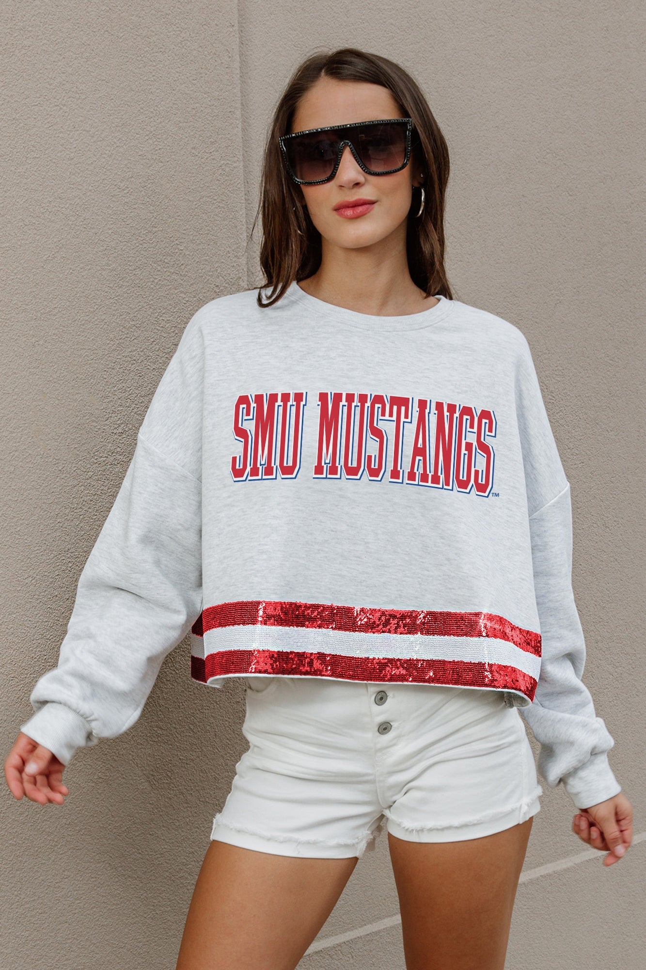 SMU MUSTANGS PASS THE SHINE LONG SLEEVE METALLIC SHIMMER-STRIPE TOP WITH RIBBED NECKLINE AND CUFFS