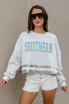 SOUTHERN JAGUARS PASS THE SHINE LONG SLEEVE METALLIC SHIMMER-STRIPE TOP WITH RIBBED NECKLINE AND CUFFS