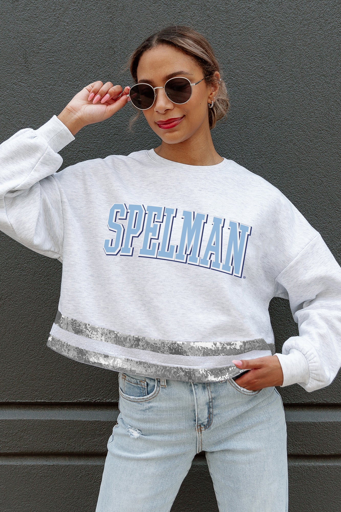 SPELMAN COLLEGE JAGUARS PASS THE SHINE LONG SLEEVE METALLIC SHIMMER-STRIPE TOP WITH RIBBED NECKLINE AND CUFFS