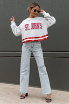 ST. JOHN'S RED STORM PASS THE SHINE LONG SLEEVE METALLIC SHIMMER-STRIPE TOP WITH RIBBED NECKLINE AND CUFFS