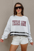 TEXAS A&M AGGIES PASS THE SHINE LONG SLEEVE METALLIC SHIMMER-STRIPE TOP WITH RIBBED NECKLINE AND CUFFS