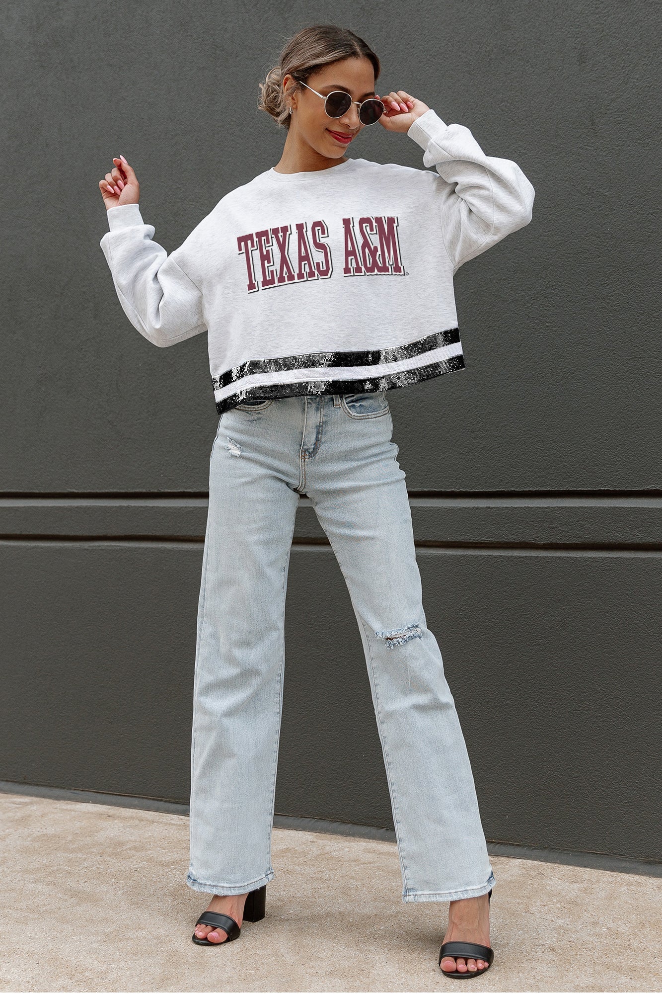 TEXAS A&M AGGIES PASS THE SHINE LONG SLEEVE METALLIC SHIMMER-STRIPE TOP WITH RIBBED NECKLINE AND CUFFS