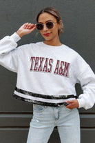 TEXAS A&M AGGIES PASS THE SHINE LONG SLEEVE METALLIC SHIMMER-STRIPE TOP WITH RIBBED NECKLINE AND CUFFS