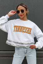 TENNESSEE VOLUNTEERS PASS THE SHINE LONG SLEEVE METALLIC SHIMMER-STRIPE TOP WITH RIBBED NECKLINE AND CUFFS