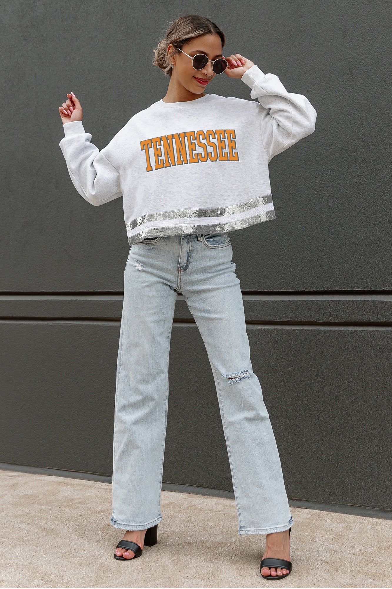 TENNESSEE VOLUNTEERS PASS THE SHINE LONG SLEEVE METALLIC SHIMMER-STRIPE TOP WITH RIBBED NECKLINE AND CUFFS