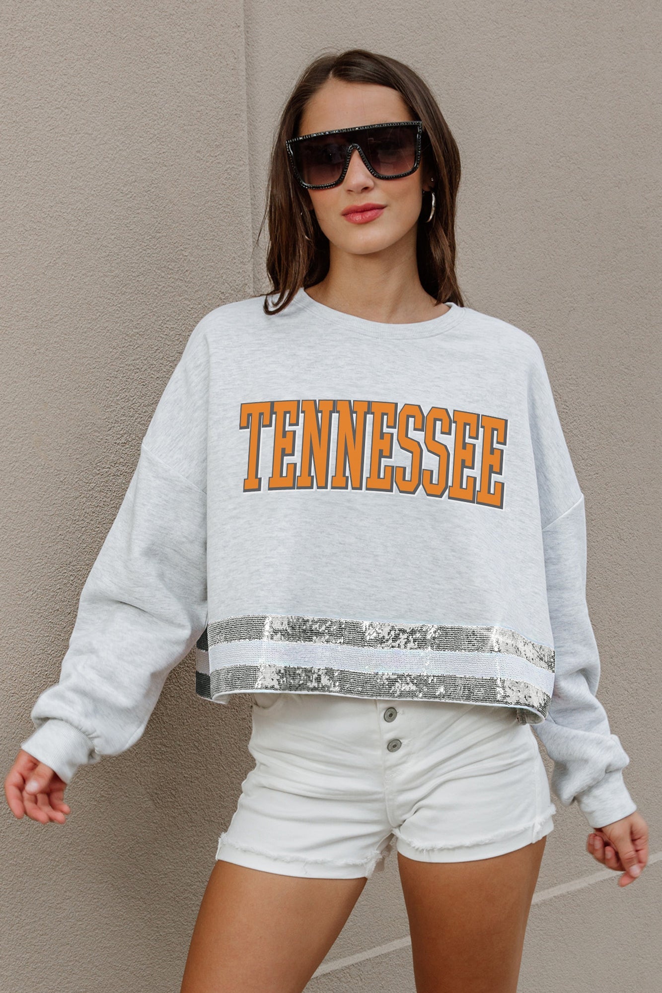 TENNESSEE VOLUNTEERS PASS THE SHINE LONG SLEEVE METALLIC SHIMMER-STRIPE TOP WITH RIBBED NECKLINE AND CUFFS