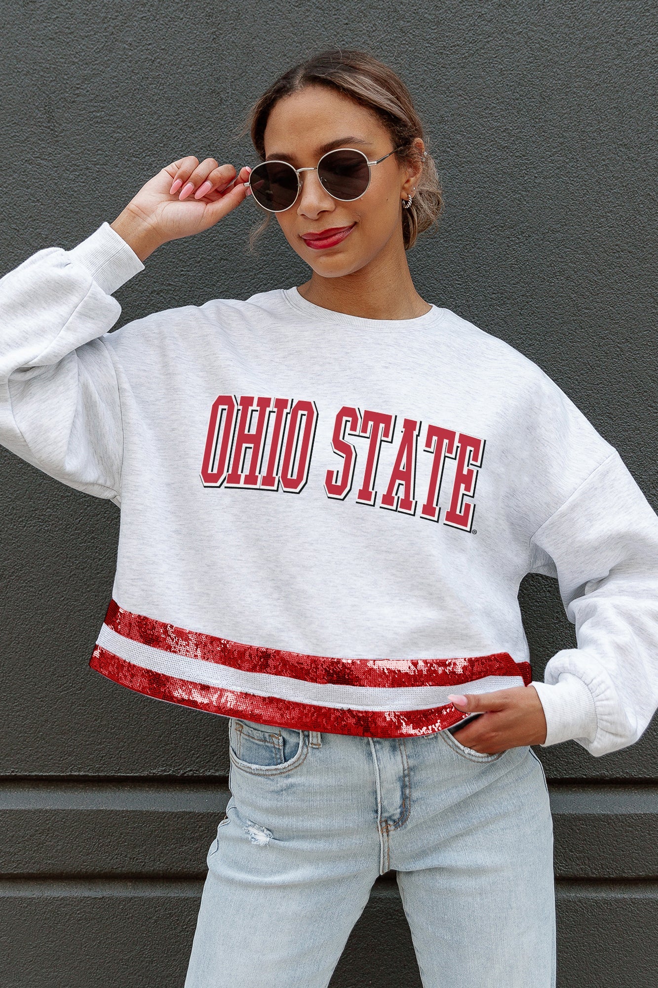 OHIO STATE BUCKEYES PASS THE SHINE LONG SLEEVE METALLIC SHIMMER-STRIPE TOP WITH RIBBED NECKLINE AND CUFFS