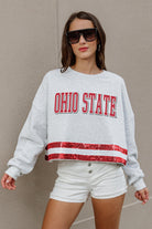 OHIO STATE BUCKEYES PASS THE SHINE LONG SLEEVE METALLIC SHIMMER-STRIPE TOP WITH RIBBED NECKLINE AND CUFFS